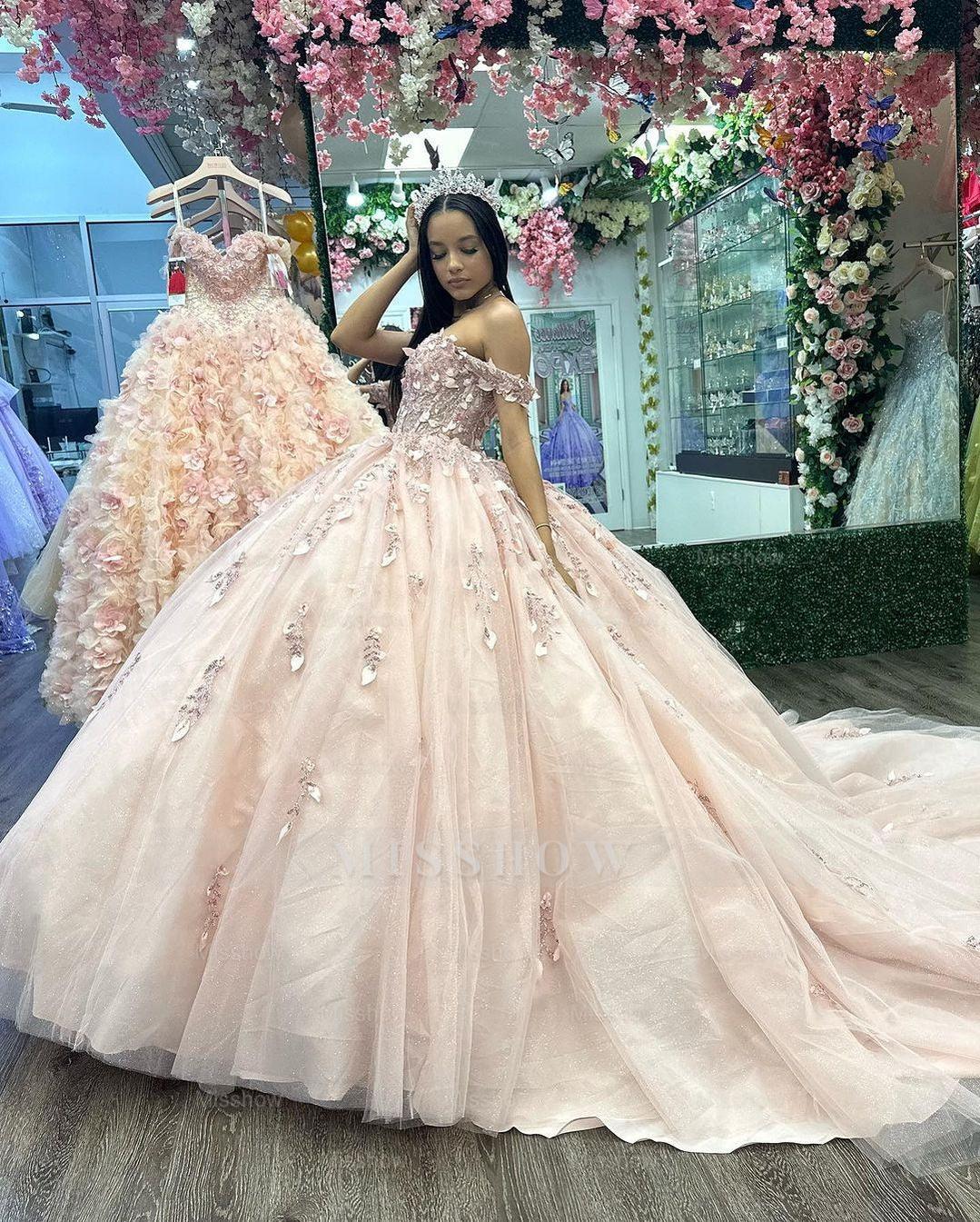 Misshow Off-Shoulder Ball Gown Lace Applique & Tulle Princess Dress for Quinceanera Sweet 16 and Evening Galas