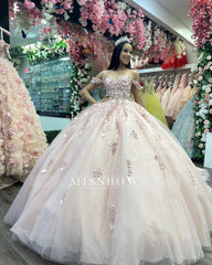 Misshow Off-Shoulder Ball Gown Lace Applique & Tulle Princess Dress for Quinceanera Sweet 16 and Evening Galas