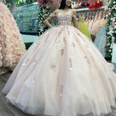 Misshow Off-Shoulder Ball Gown Lace Applique & Tulle Princess Dress for Quinceanera Sweet 16 and Evening Galas