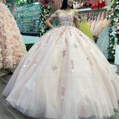 Misshow Off-Shoulder Ball Gown Lace Applique & Tulle Princess Dress for Quinceanera Sweet 16 and Evening Galas