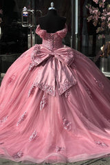 Misshow Off-Shoulder Ball Gown Sparkling Pink Tulle Quinceanera Dress with Appliques & Pleats for Sweet 16 & Birthday Parties