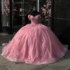 Misshow Off-Shoulder Ball Gown Sparkling Pink Tulle Quinceanera Dress with Appliques & Pleats for Sweet 16 & Birthday Parties