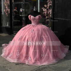 Misshow Off-Shoulder Ball Gown Sparkling Pink Tulle Quinceanera Dress with Appliques & Pleats for Sweet 16 & Birthday Parties