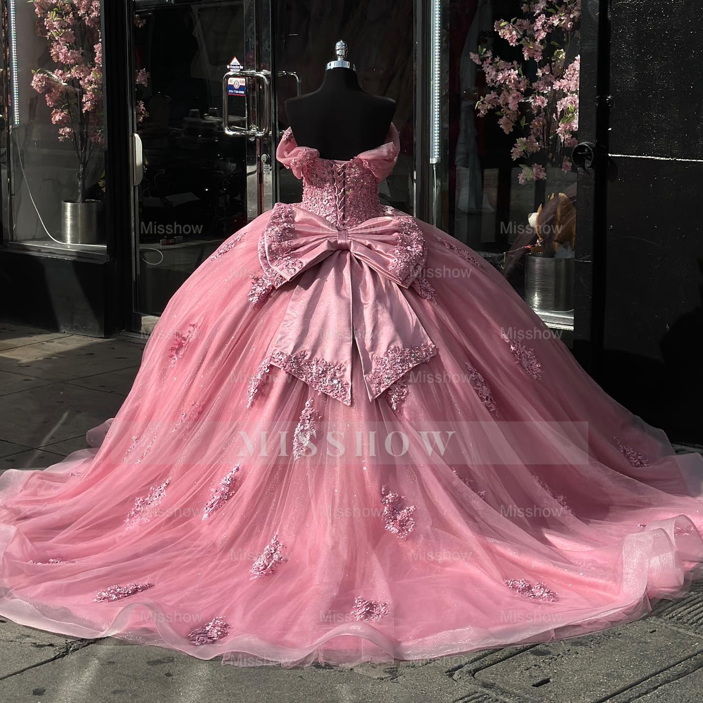 Misshow Off-Shoulder Ball Gown Sparkling Pink Tulle Quinceanera Dress with Appliques & Pleats for Sweet 16 & Birthday Parties