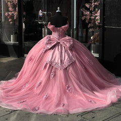 Misshow Off-Shoulder Ball Gown Sparkling Pink Tulle Quinceanera Dress with Appliques & Pleats for Sweet 16 & Birthday Parties
