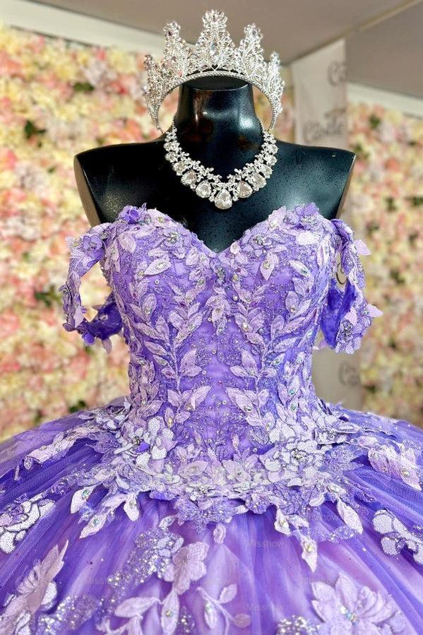 Misshow Off-Shoulder Ball Gown Sparkling Purple Sequins & Lace-Up Tulle Quinceanera Dress for Sweet 16 & Birthday Parties