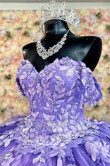 Misshow Off-Shoulder Ball Gown Sparkling Purple Sequins & Lace-Up Tulle Quinceanera Dress for Sweet 16 & Birthday Parties