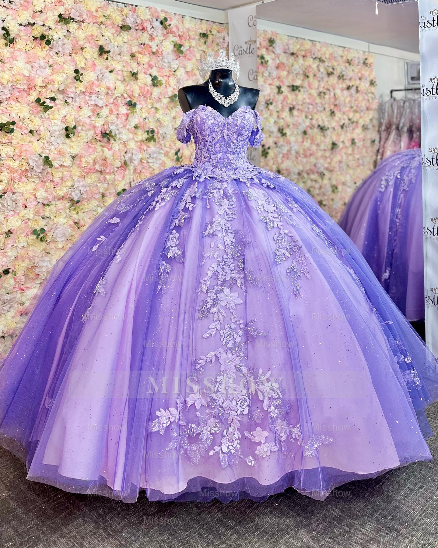 Misshow Off-Shoulder Ball Gown Sparkling Purple Sequins & Lace-Up Tulle Quinceanera Dress for Sweet 16 & Birthday Parties