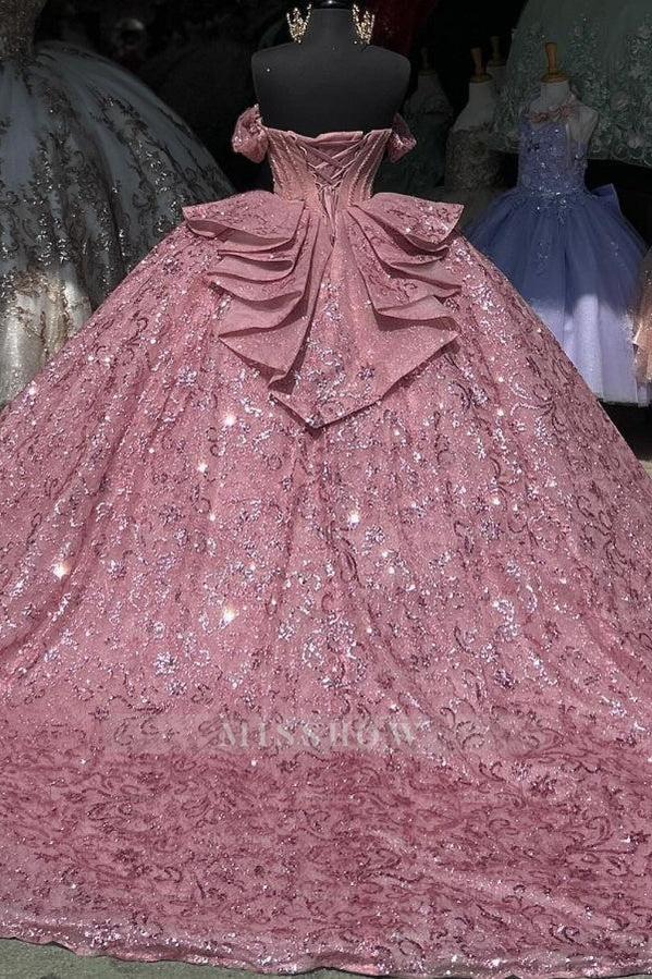 Misshow Off-Shoulder Ball Gown Sparkling Sequined Pink Tulle Quinceanera Dress with Beaded Crystal Details for Sweet 16 & Birthday Parties