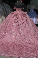 Misshow Off-Shoulder Ball Gown Sparkling Sequined Pink Tulle Quinceanera Dress with Beaded Crystal Details for Sweet 16 & Birthday Parties