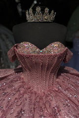 Misshow Off-Shoulder Ball Gown Sparkling Sequined Pink Tulle Quinceanera Dress with Beaded Crystal Details for Sweet 16 & Birthday Parties