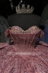Misshow Off-Shoulder Ball Gown Sparkling Sequined Pink Tulle Quinceanera Dress with Beaded Crystal Details for Sweet 16 & Birthday Parties
