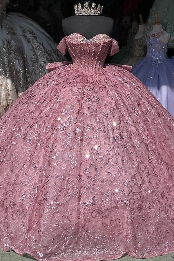 Misshow Off-Shoulder Ball Gown Sparkling Sequined Pink Tulle Quinceanera Dress with Beaded Crystal Details for Sweet 16 & Birthday Parties