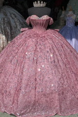 Misshow Off-Shoulder Ball Gown Sparkling Sequined Pink Tulle Quinceanera Dress with Beaded Crystal Details for Sweet 16 & Birthday Parties