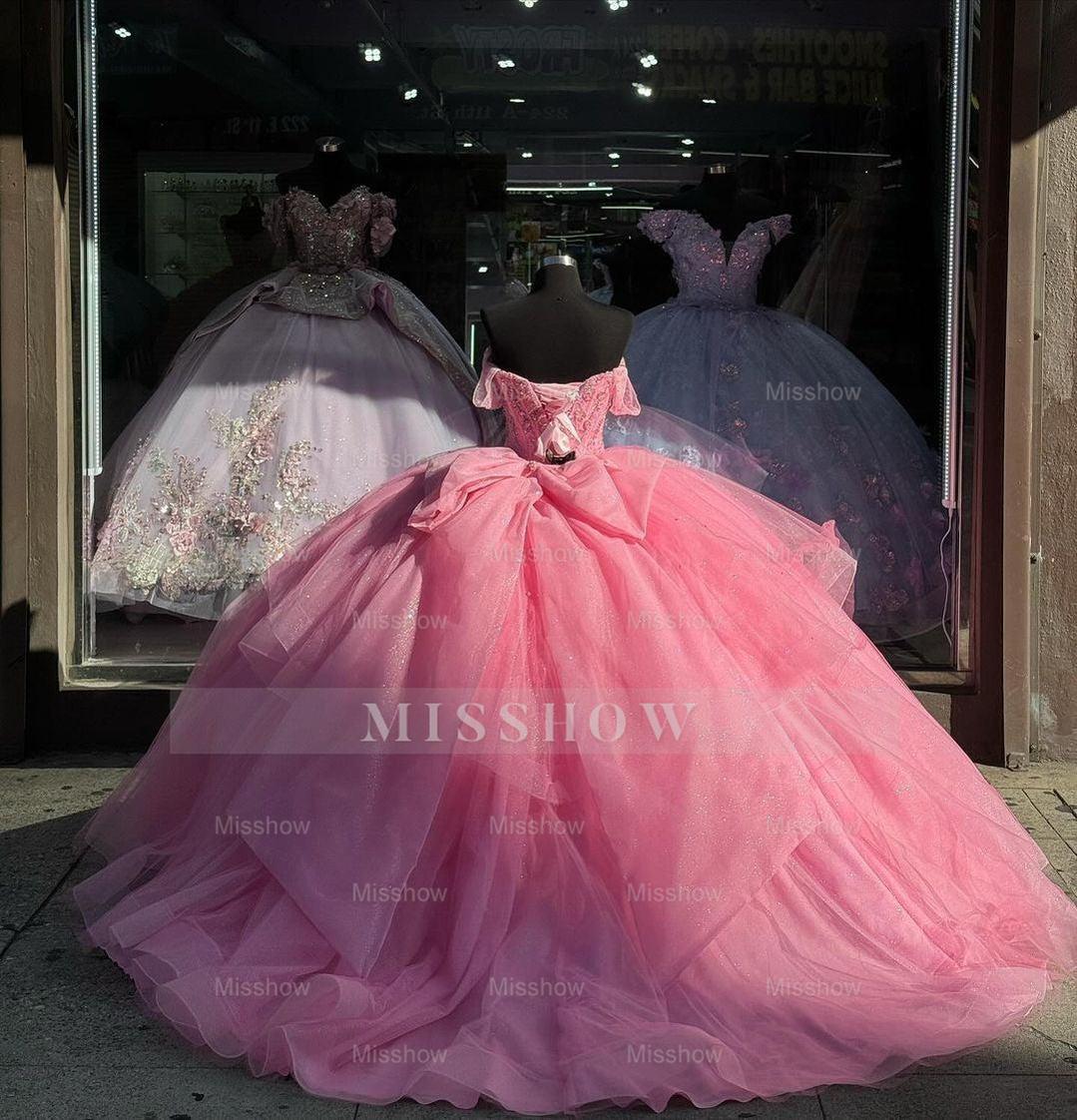 Misshow Off-Shoulder Ball Gown Sweetheart Corset with Beaded Tulle Skirt for Quinceanera & Formal Events