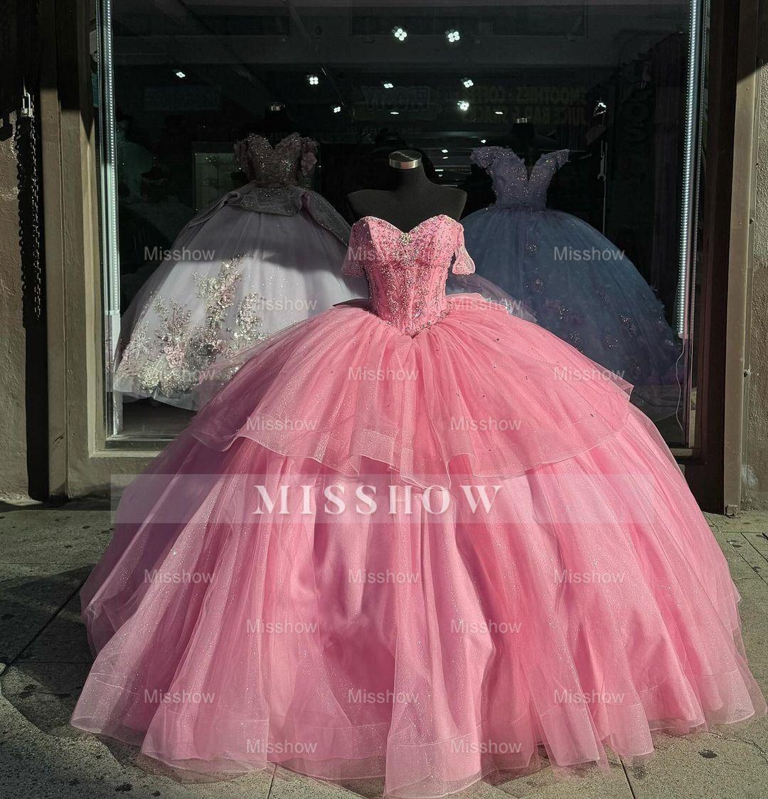 Misshow Off-Shoulder Ball Gown Sweetheart Corset with Beaded Tulle Skirt for Quinceanera & Formal Events
