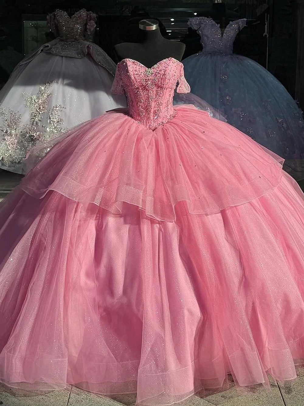 Misshow Off-Shoulder Ball Gown Sweetheart Corset with Beaded Tulle Skirt for Quinceanera & Formal Events