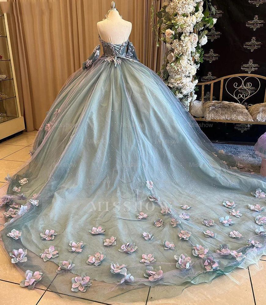 Misshow Off-Shoulder Ball Gown Sweetheart Neck Quinceanera Dress with 3D Floral Appliques & Sparkling Beaded Tulle for Sweet 16 & Princess Parties