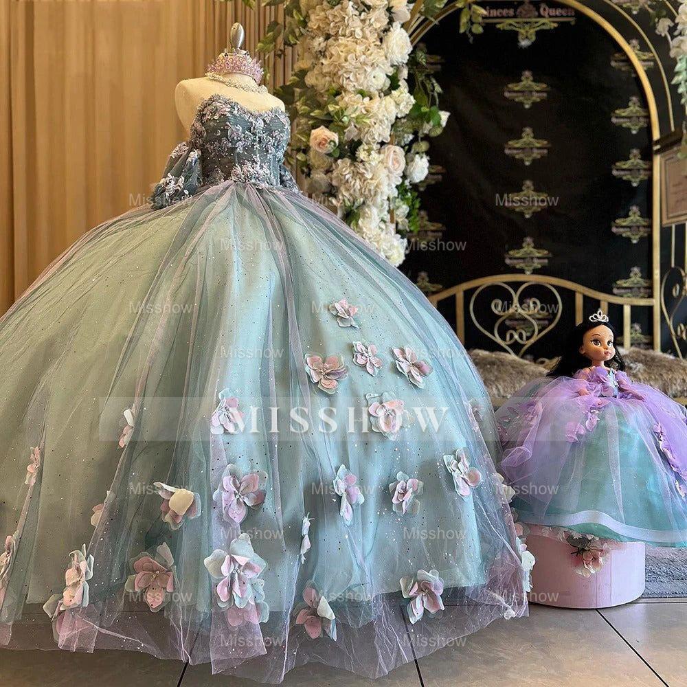 Misshow Off-Shoulder Ball Gown Sweetheart Neck Quinceanera Dress with 3D Floral Appliques & Sparkling Beaded Tulle for Sweet 16 & Princess Parties