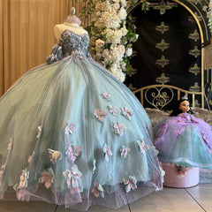 Misshow Off-Shoulder Ball Gown Sweetheart Neck Quinceanera Dress with 3D Floral Appliques & Sparkling Beaded Tulle for Sweet 16 & Princess Parties