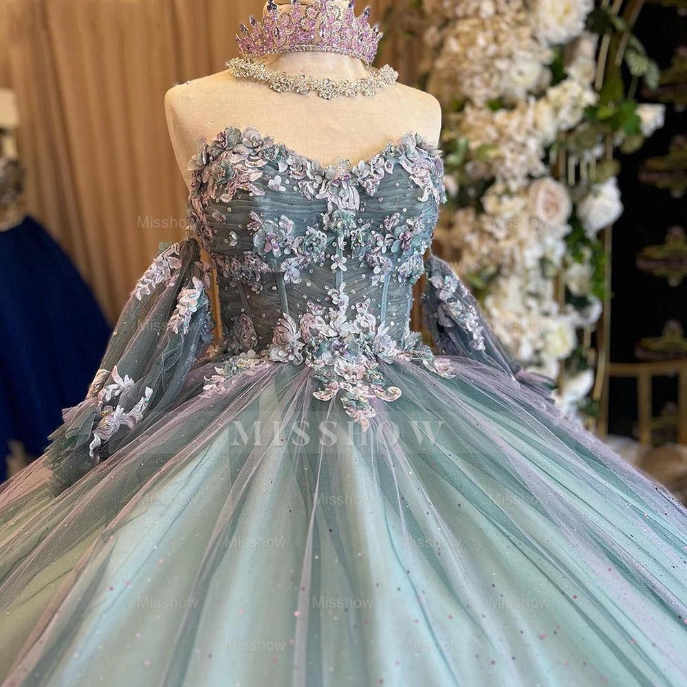 Misshow Off-Shoulder Ball Gown Sweetheart Neck Quinceanera Dress with 3D Floral Appliques & Sparkling Beaded Tulle for Sweet 16 & Princess Parties
