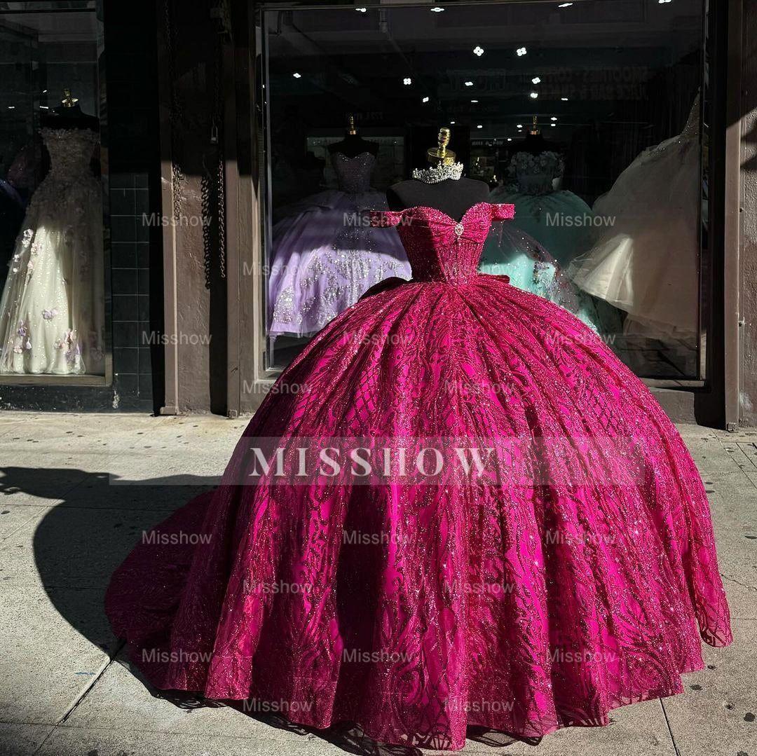 Misshow Off-Shoulder Ball Gown Sweetheart Neckline Hot Pink Tulle Quinceanera Dress for Princess Evening & Sweet 16 Parties