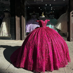 Misshow Off-Shoulder Ball Gown Sweetheart Neckline Hot Pink Tulle Quinceanera Dress for Princess Evening & Sweet 16 Parties
