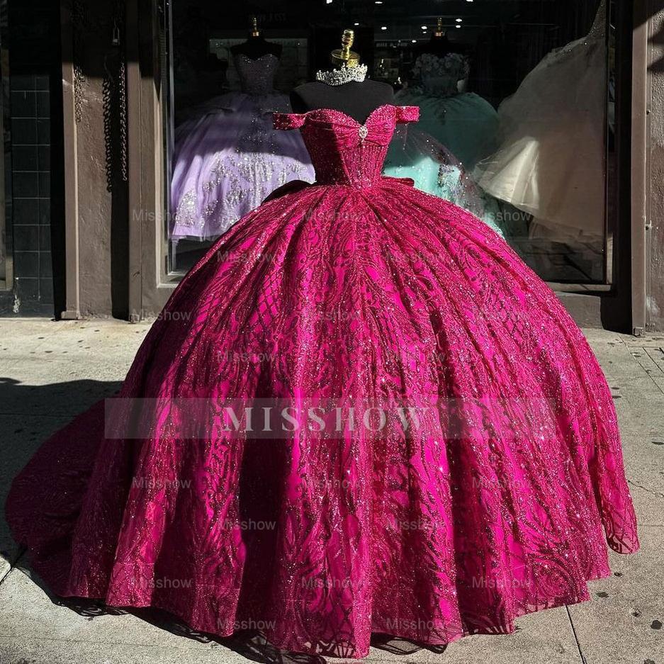 Misshow Off-Shoulder Ball Gown Sweetheart Neckline Hot Pink Tulle Quinceanera Dress for Princess Evening & Sweet 16 Parties