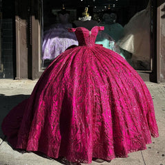 Misshow Off-Shoulder Ball Gown Sweetheart Neckline Hot Pink Tulle Quinceanera Dress for Princess Evening & Sweet 16 Parties