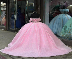 Misshow Off-Shoulder Ball Gown Sweetheart Neckline with Lace Appliques & Beaded Tiered Tulle for Quinceanera Sweet 16 and Formal Evenings