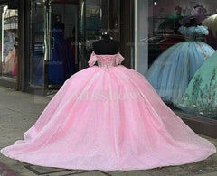Misshow Off-Shoulder Ball Gown Sweetheart Neckline with Lace Appliques & Beaded Tiered Tulle for Quinceanera Sweet 16 and Formal Evenings