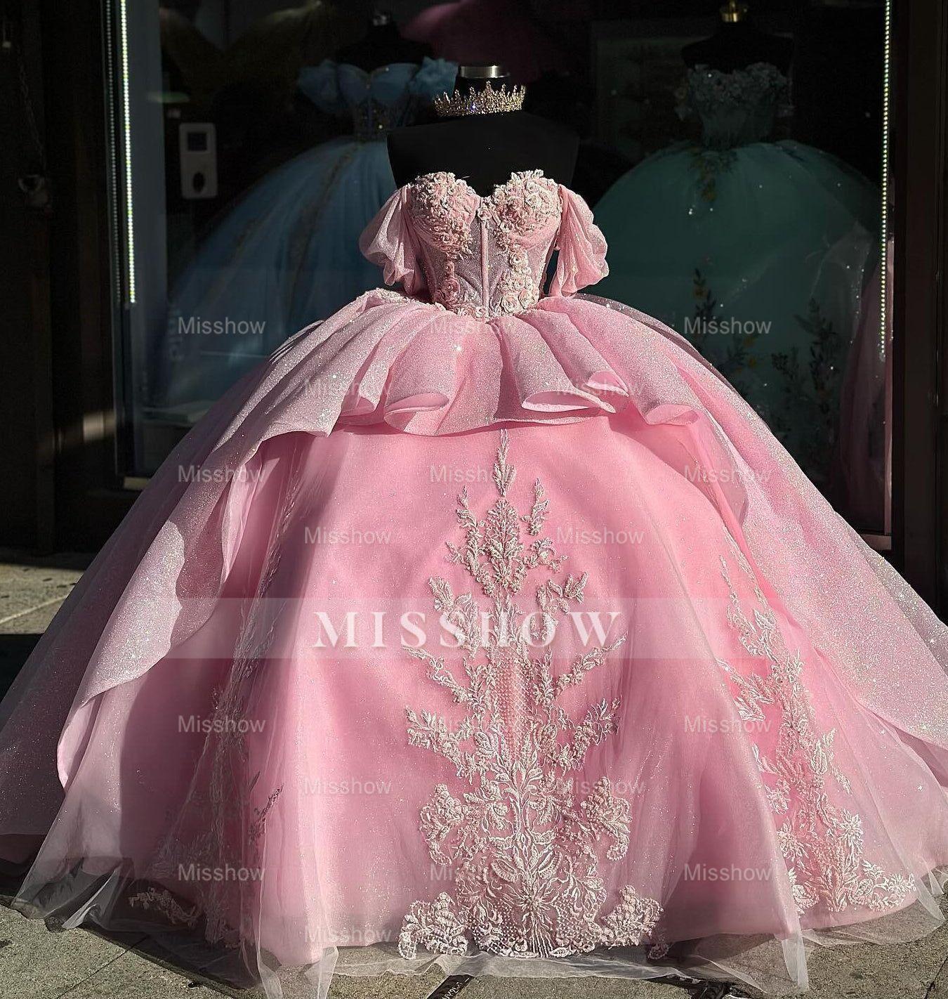 Misshow Off-Shoulder Ball Gown Sweetheart Neckline with Lace Appliques & Beaded Tiered Tulle for Quinceanera Sweet 16 and Formal Evenings