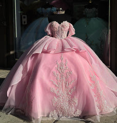 Misshow Off-Shoulder Ball Gown Sweetheart Neckline with Lace Appliques & Beaded Tiered Tulle for Quinceanera Sweet 16 and Formal Evenings