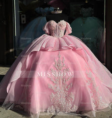 Misshow Off-Shoulder Ball Gown Sweetheart Neckline with Lace Appliques & Beaded Tiered Tulle for Quinceanera Sweet 16 and Formal Evenings