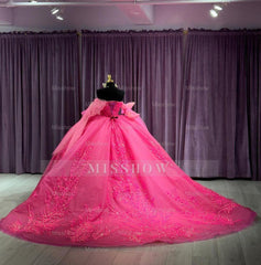 Misshow Off-Shoulder Ball Gown Sweetheart Neckline with Long Sleeves Lace Appliques & Beaded Details in Hot Pink Tulle for Quinceanera Sweet 16 or Princess Party