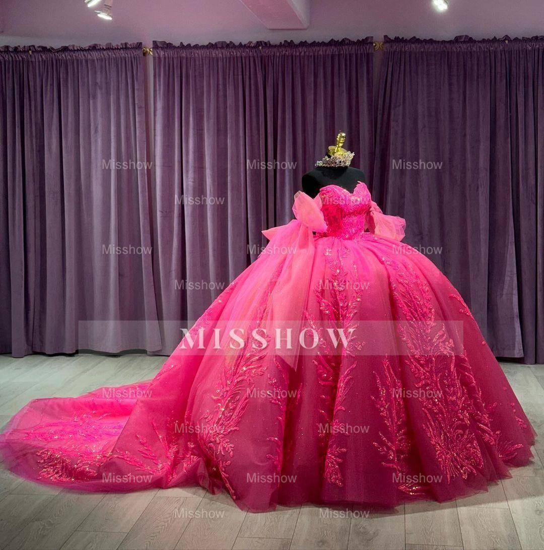 Misshow Off-Shoulder Ball Gown Sweetheart Neckline with Long Sleeves Lace Appliques & Beaded Details in Hot Pink Tulle for Quinceanera Sweet 16 or Princess Party