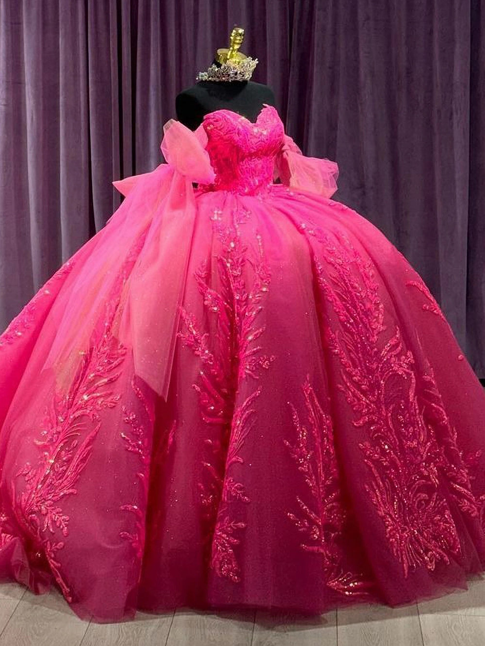 Misshow Off-Shoulder Ball Gown Sweetheart Neckline with Long Sleeves Lace Appliques & Beaded Details in Hot Pink Tulle for Quinceanera Sweet 16 or Princess Party