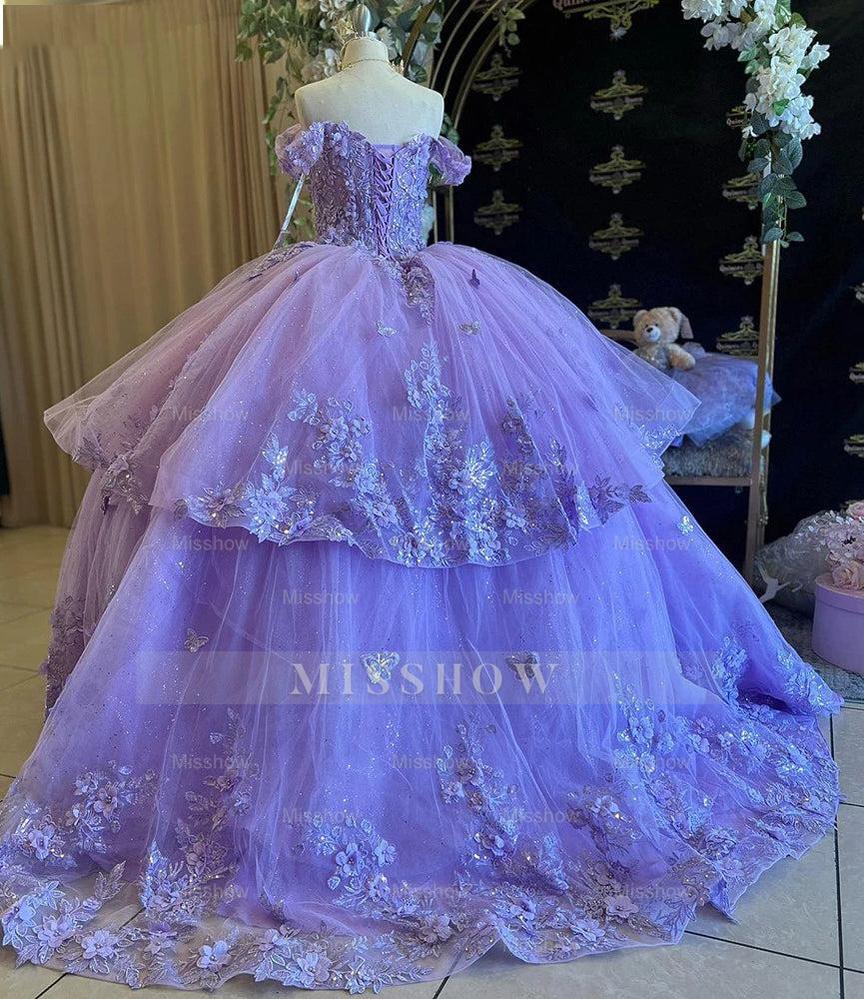 Misshow Off-Shoulder Ball Gown Tiered Purple Tulle Quinceanera Dress with 3D Butterfly Appliques for Sweet 16