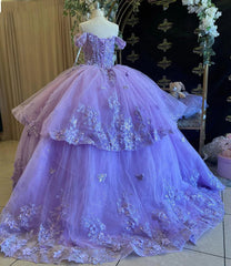 Misshow Off-Shoulder Ball Gown Tiered Purple Tulle Quinceanera Dress with 3D Butterfly Appliques for Sweet 16