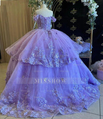 Misshow Off-Shoulder Ball Gown Tiered Purple Tulle Quinceanera Dress with 3D Butterfly Appliques for Sweet 16