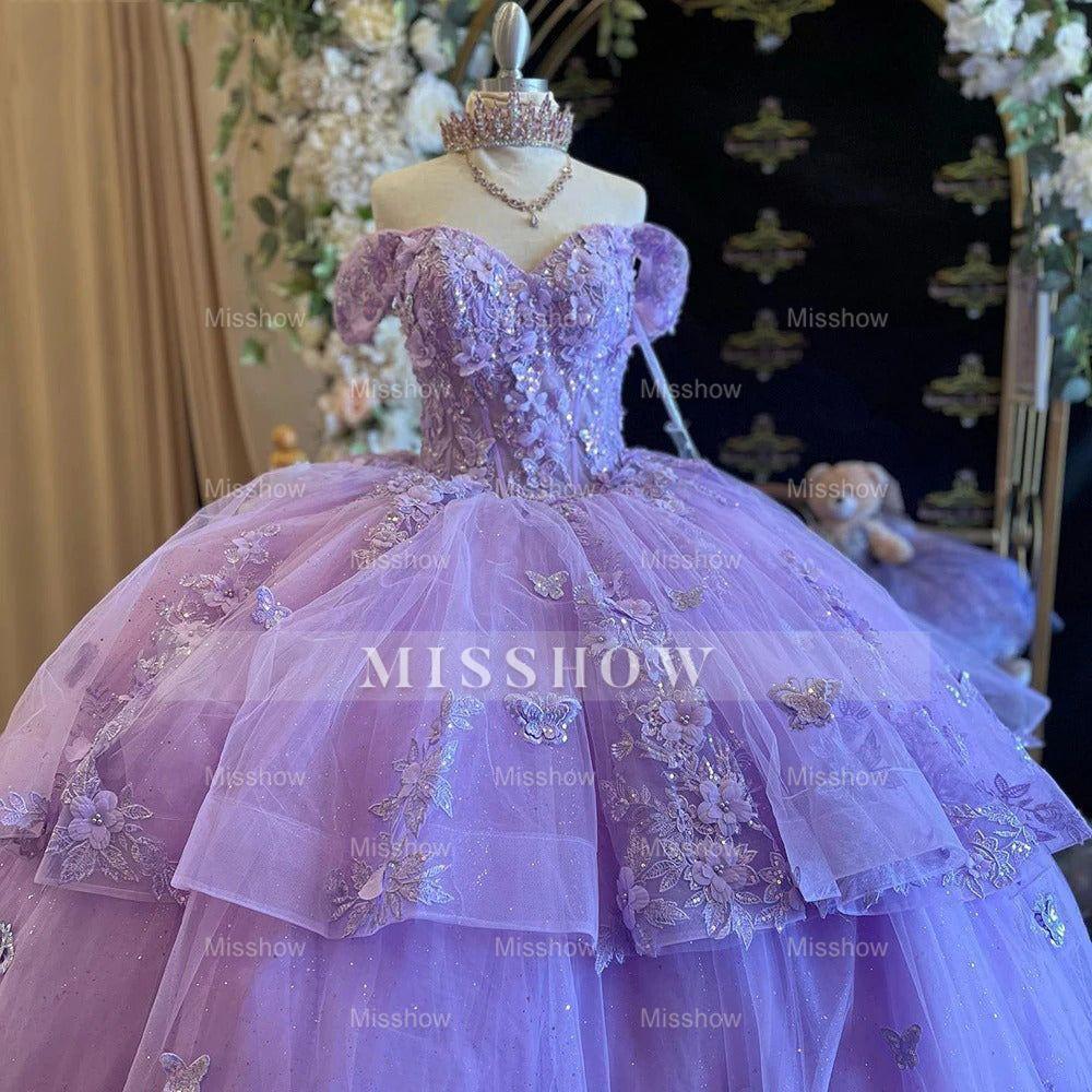 Misshow Off-Shoulder Ball Gown Tiered Purple Tulle Quinceanera Dress with 3D Butterfly Appliques for Sweet 16