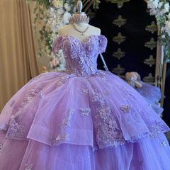 Misshow Off-Shoulder Ball Gown Tiered Purple Tulle Quinceanera Dress with 3D Butterfly Appliques for Sweet 16