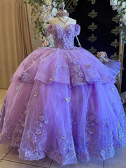 Misshow Off-Shoulder Ball Gown Tiered Purple Tulle Quinceanera Dress with 3D Butterfly Appliques for Sweet 16