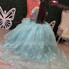 Misshow Off-Shoulder Ball Gown with 3D Beaded Flower Appliques & Ruffled Tulle Skirt Lake Blue Quinceanera or Sweet 16 Princess Dress