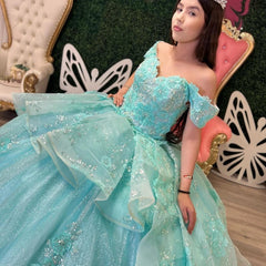 Misshow Off-Shoulder Ball Gown with 3D Beaded Flower Appliques & Ruffled Tulle Skirt Lake Blue Quinceanera or Sweet 16 Princess Dress