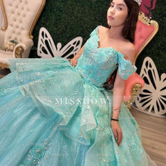 Misshow Off-Shoulder Ball Gown with 3D Beaded Flower Appliques & Ruffled Tulle Skirt Lake Blue Quinceanera or Sweet 16 Princess Dress