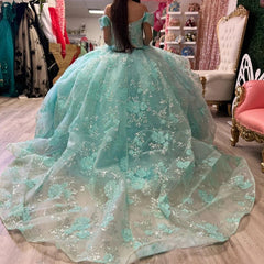 Misshow Off-Shoulder Ball Gown with 3D Beaded Flower Appliques & Ruffled Tulle Skirt Lake Blue Quinceanera or Sweet 16 Princess Dress