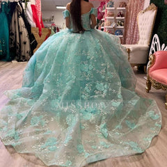 Misshow Off-Shoulder Ball Gown with 3D Beaded Flower Appliques & Ruffled Tulle Skirt Lake Blue Quinceanera or Sweet 16 Princess Dress
