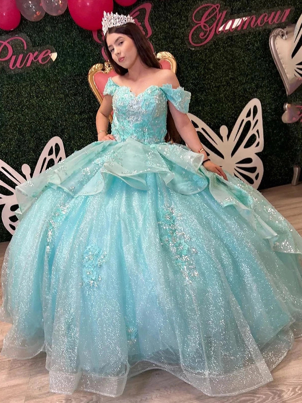 Misshow Off-Shoulder Ball Gown with 3D Beaded Flower Appliques & Ruffled Tulle Skirt Lake Blue Quinceanera or Sweet 16 Princess Dress