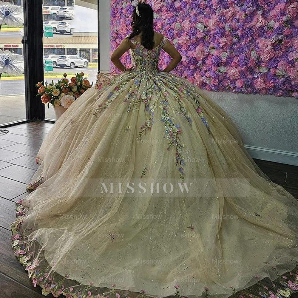 Misshow Off-Shoulder Ball Gown with 3D Floral Applique & Beaded Tulle Perfect for Quinceanera & Sweet 16 Celebrations